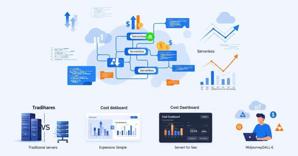 An infographic illustrating the benefits and architecture of Serverless Application Development compared to traditional servers, showing cost dashboards and scaling.
